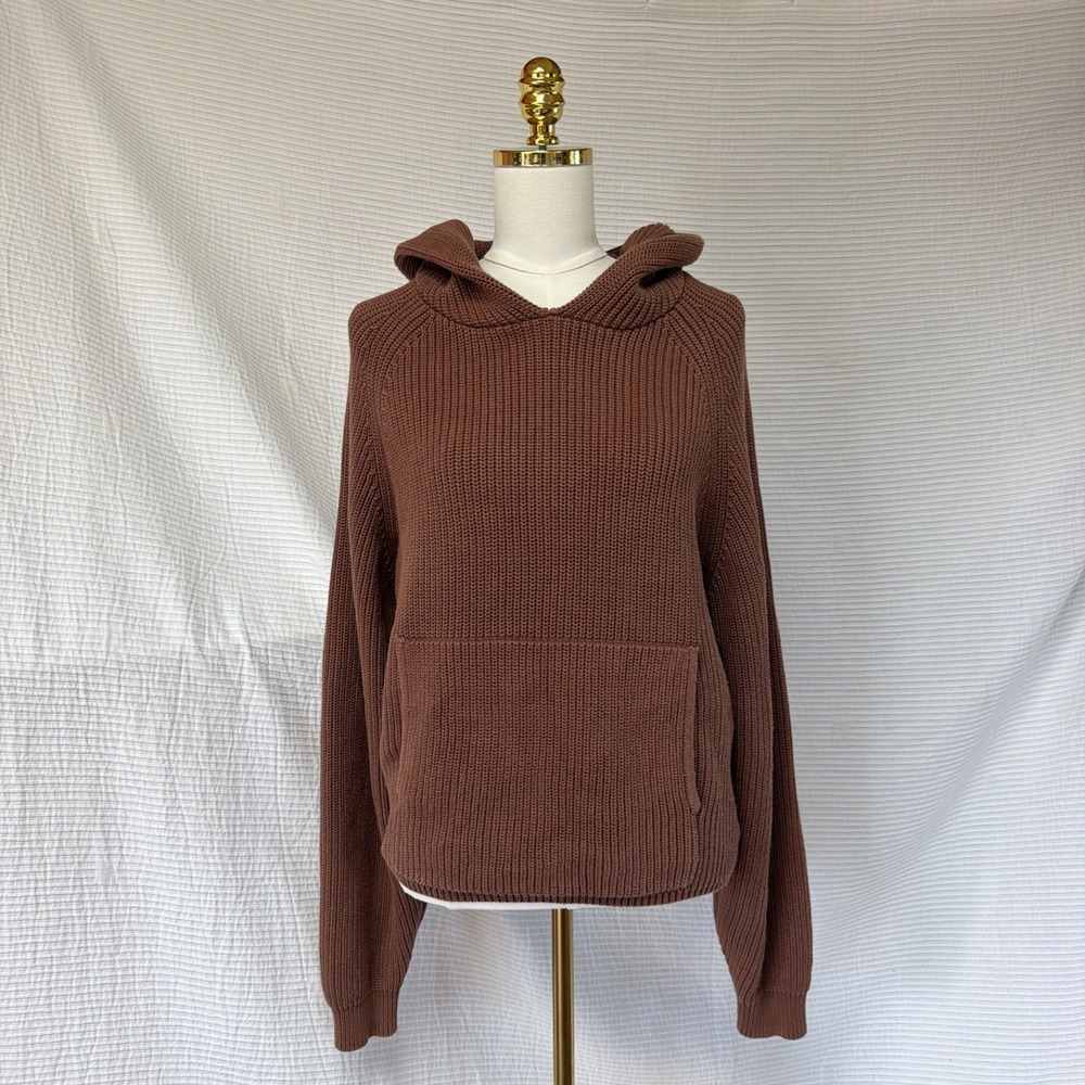 Vwoollo Large Star Knit Hoodie Pullover Brown Chunky Thick Cotton Relax Fit